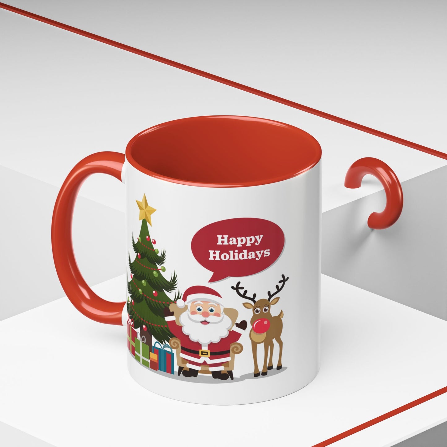 Christmas Mug - Happy Holidays Callout Santa Tree Presents Reindeer