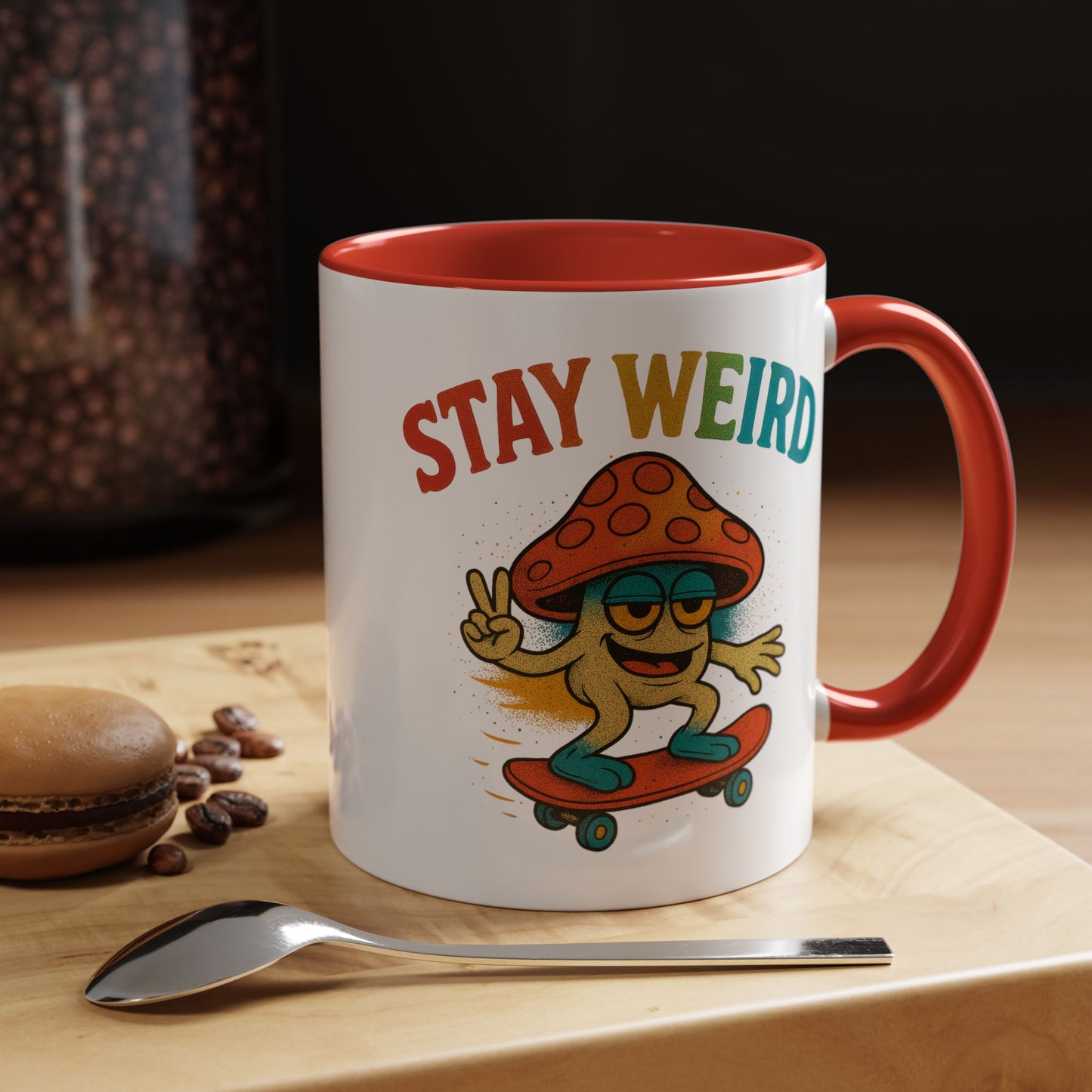 Humor Mug - Stay Weird Mushroom Skateboard