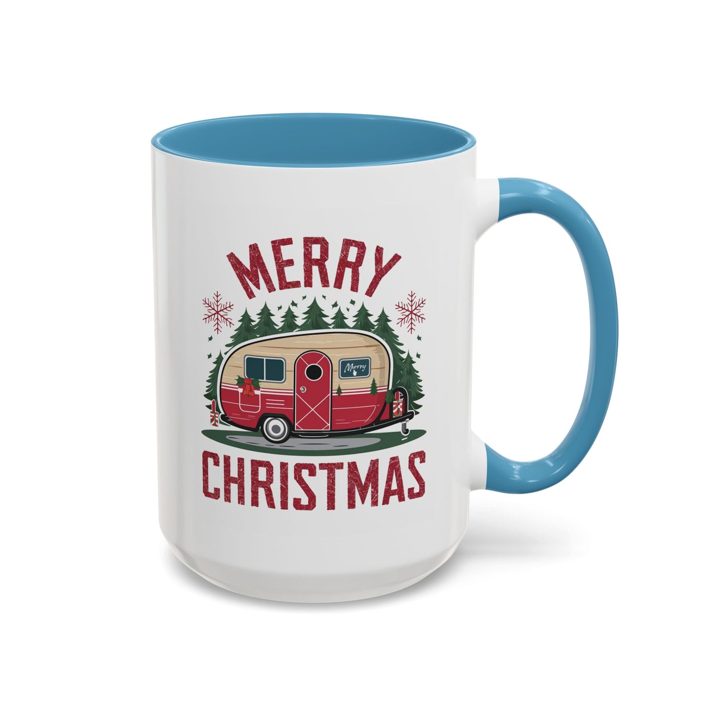 Christmas Mug - Merry Christmas Maroon Text Camper Trees Snowflakes