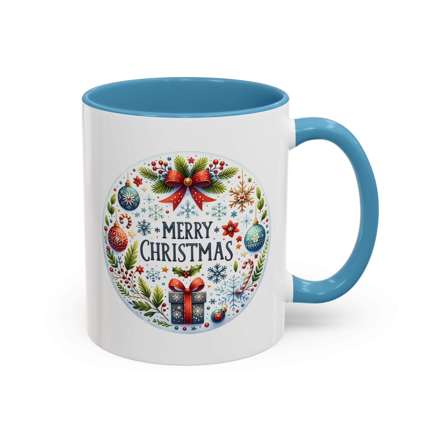 Christmas Mug - Merry Christmas Blue Text Bow Present Ornaments