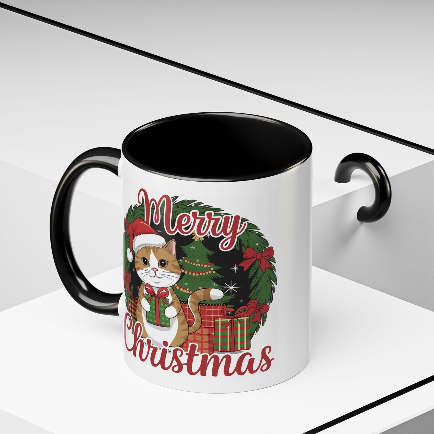 Christmas Mug - Merry Christmas Red Text Cat Presents Wreath