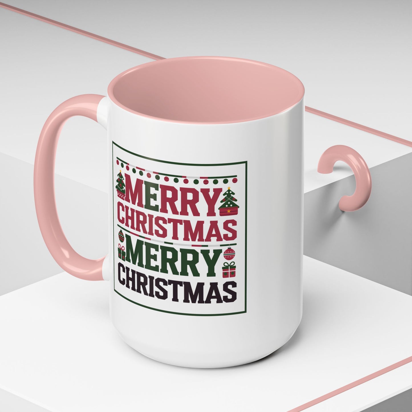Christmas Mug - Merry Christmas Red Green & Black Text Trees Presents