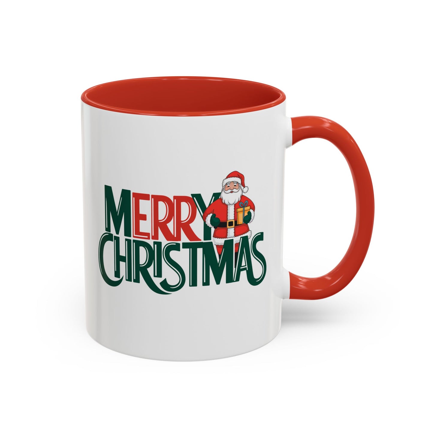 Christmas Mug - Merry Christmas Green & Red Text Santa Present