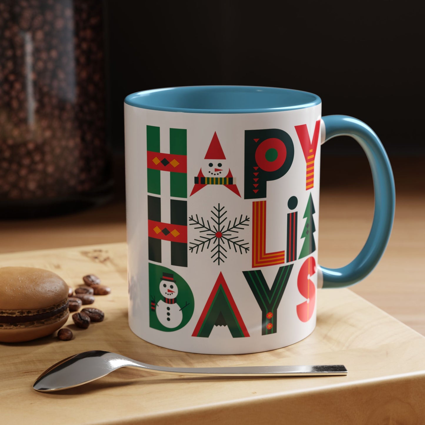 Christmas Mug - Happy Holidays Green Red & Blue Decorative Text