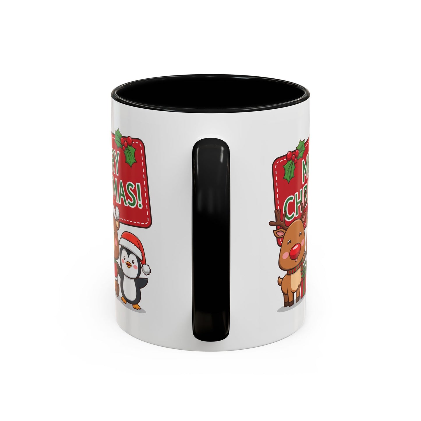 Christmas Mug - Green Text Red Banner Reindeer Bear Penguin