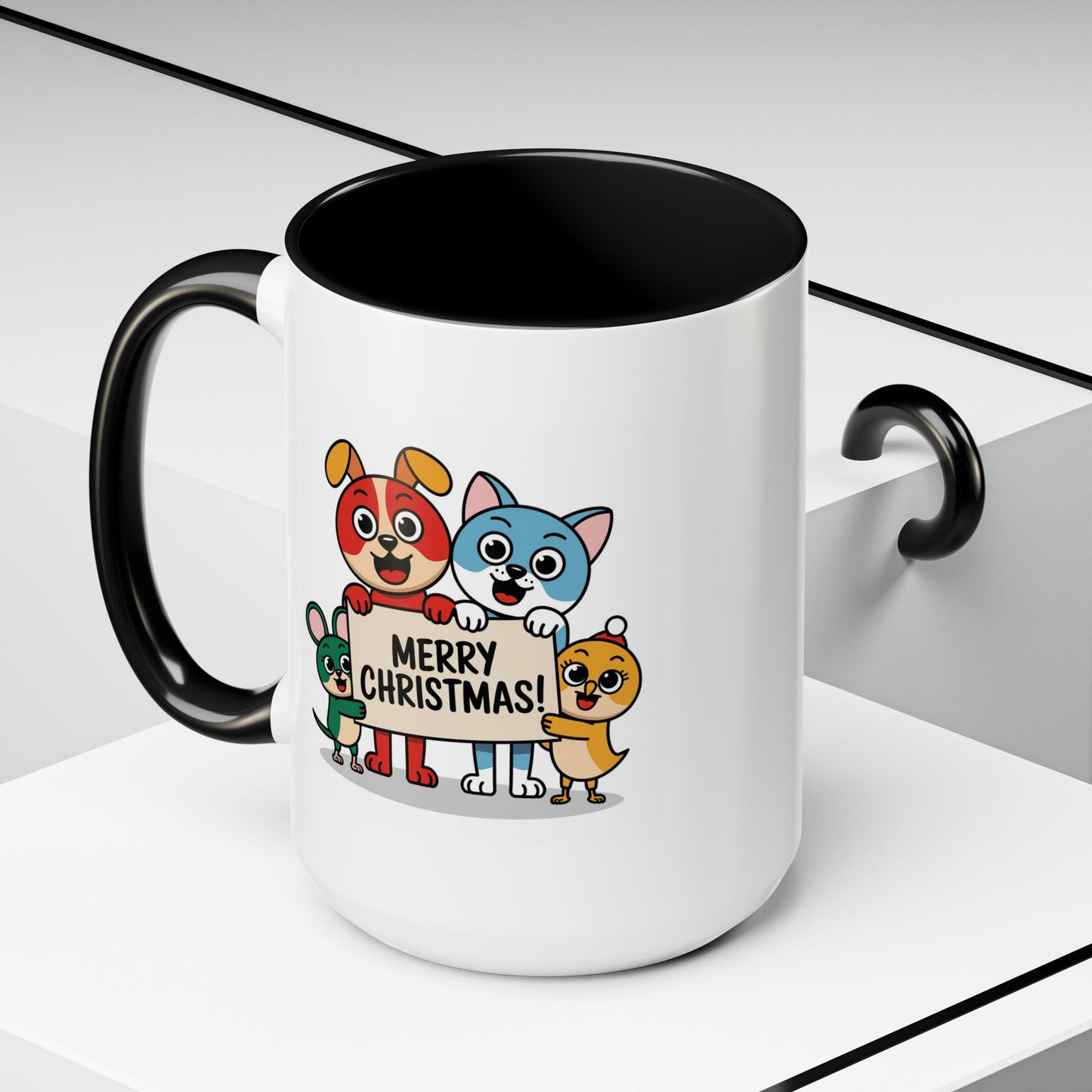 Christmas Mug - Merry Christmas Black Text Mouse Dog Cat Bird