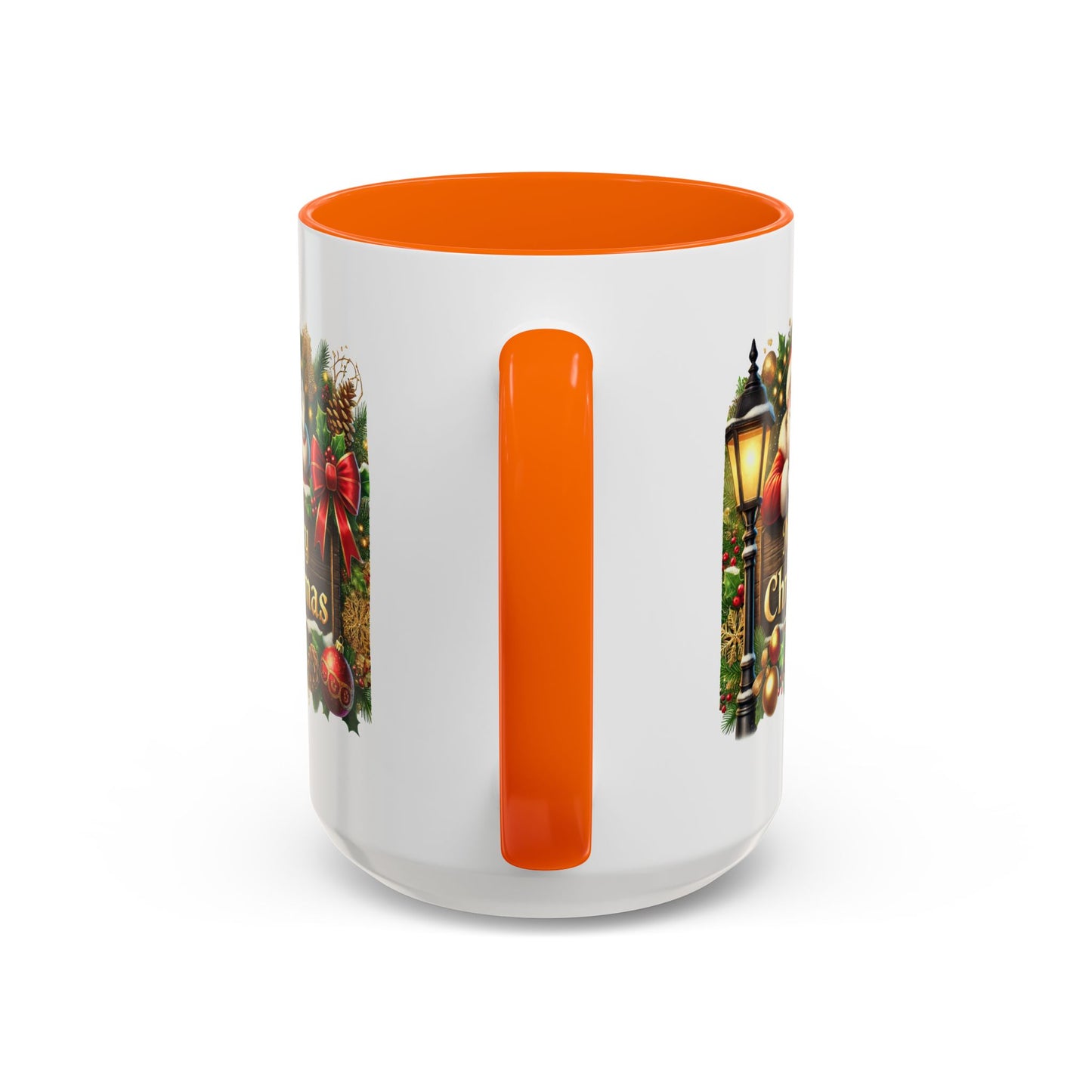 Christmas Mug - Merry Christmas Cream Text Santa Ok Light Bow Ornaments