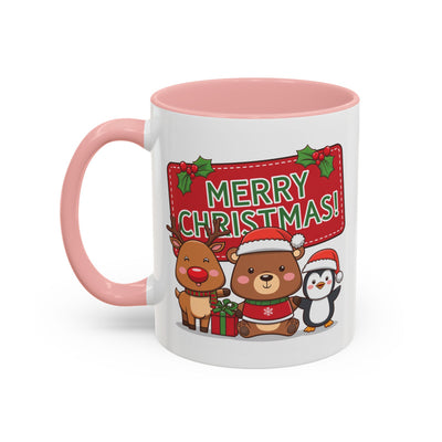 Christmas Mug - Green Text Red Banner Reindeer Bear Penguin