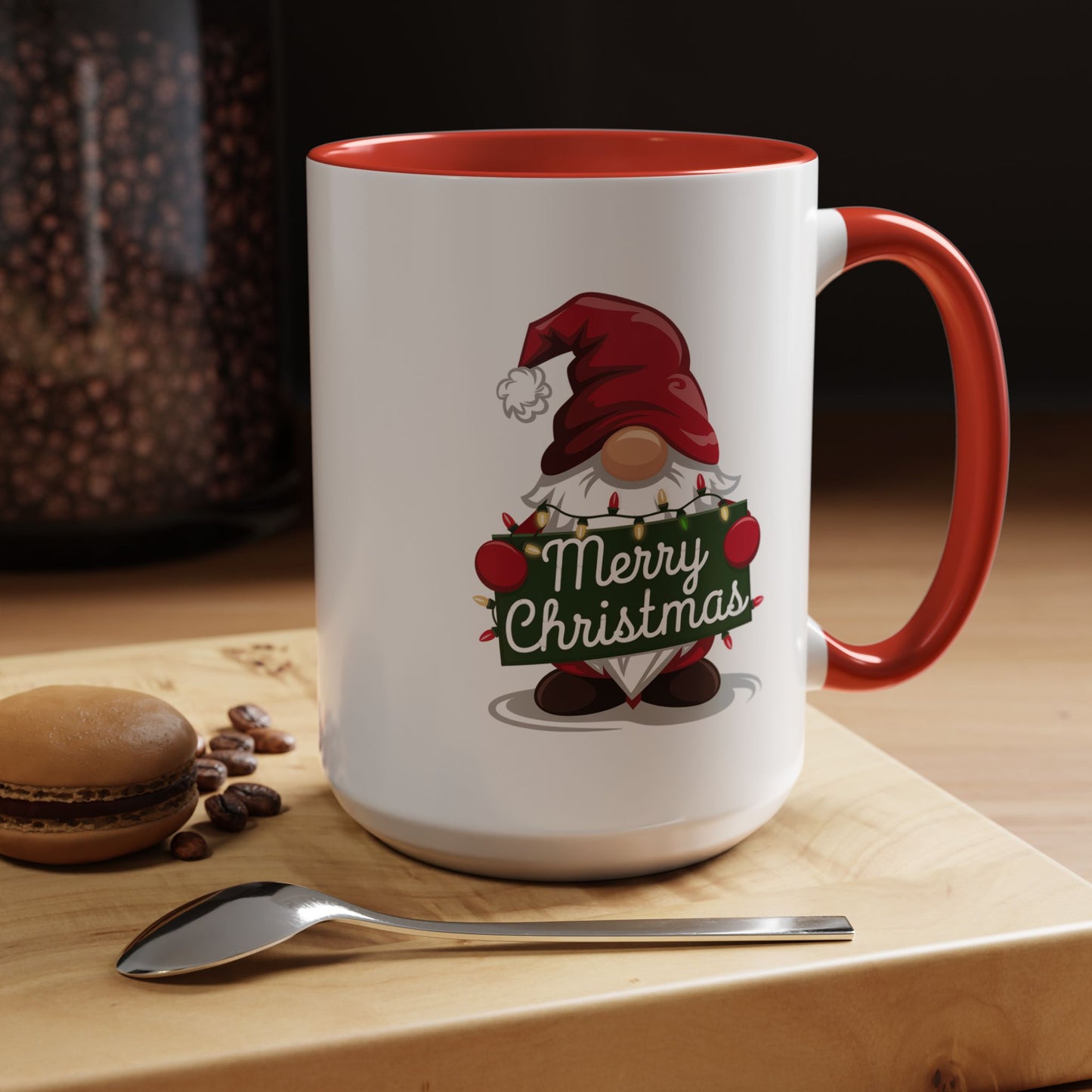 Christmas Mug - Merry Christmas White & Green Text Gnome Lights