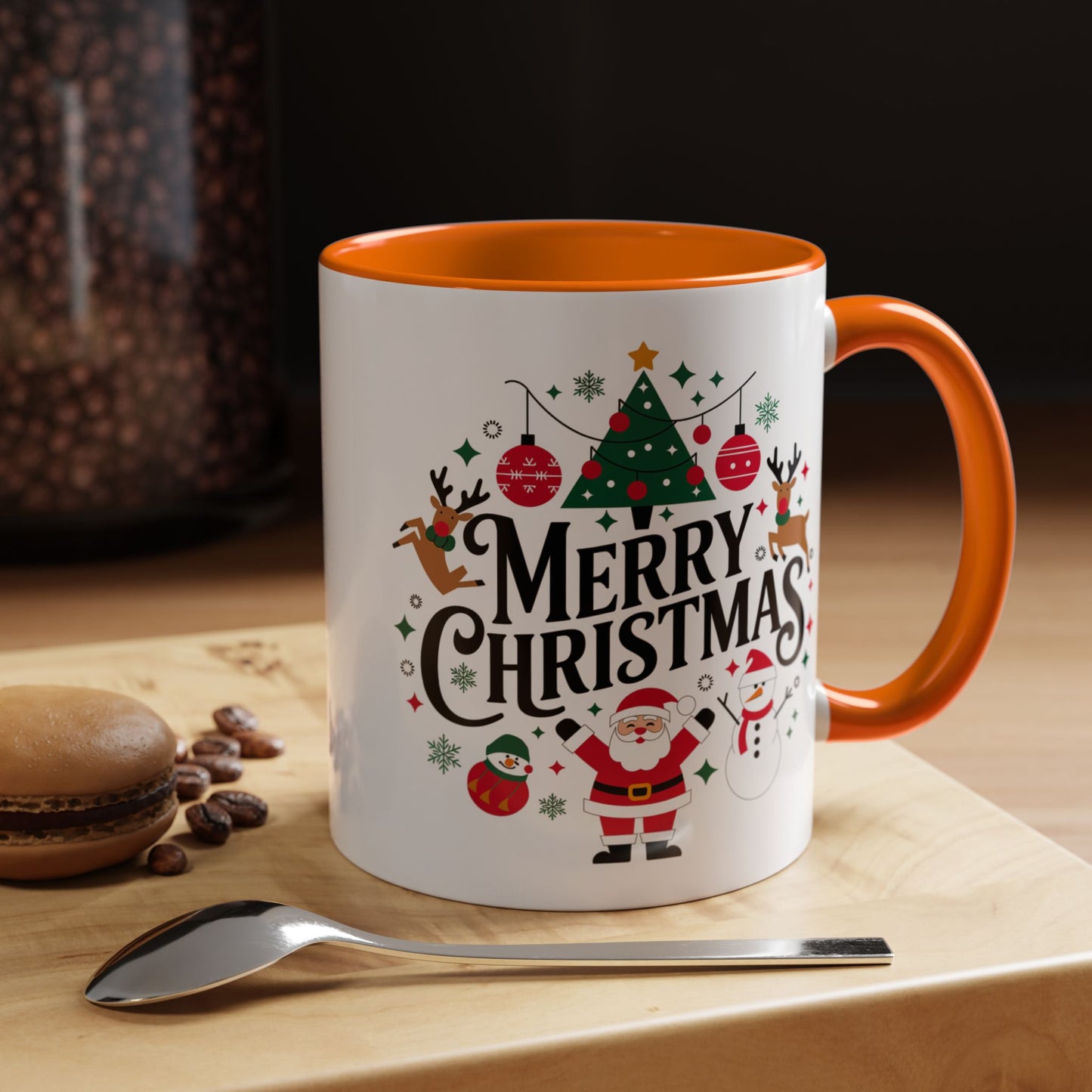 Christmas Mug - Merry Christmas Black Text Santa Reindeer Snowmen Ornaments