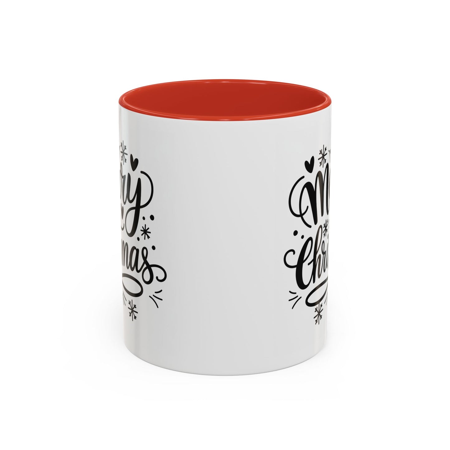 Christmas Mug - Merry Christmas Black Text Tree Snowflakes Hearts