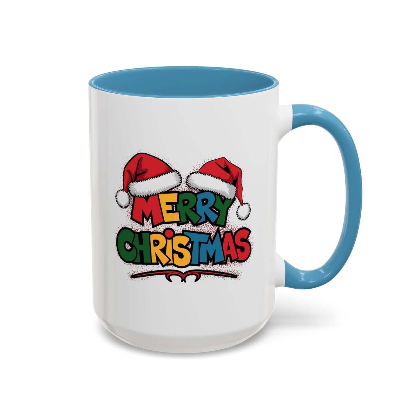 Christmas Mug - Merry Christmas Red Yellow & Blue Text Red Hats