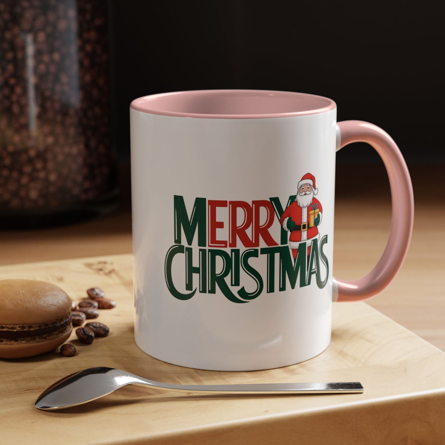 Christmas Mug - Merry Christmas Green & Red Text Santa Present