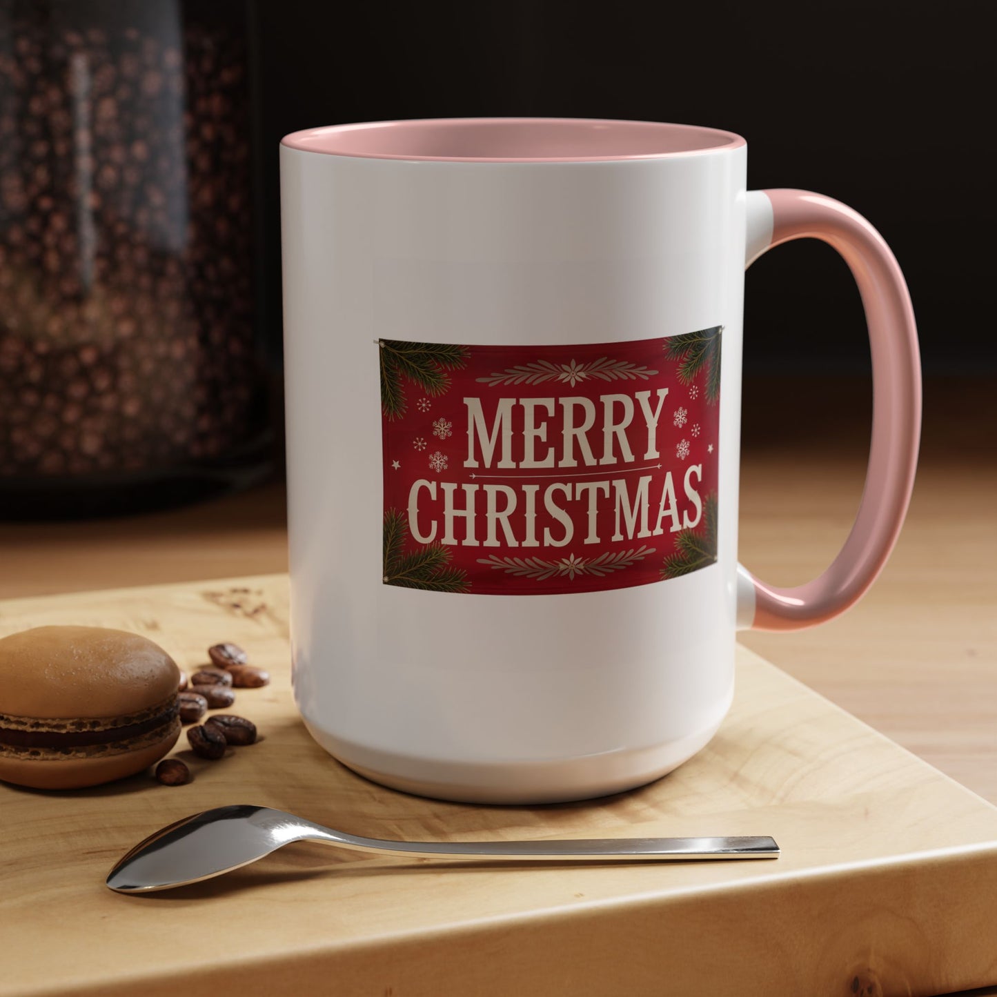 Christmas Mug - Merry Christmas Cream Text Maroon Background