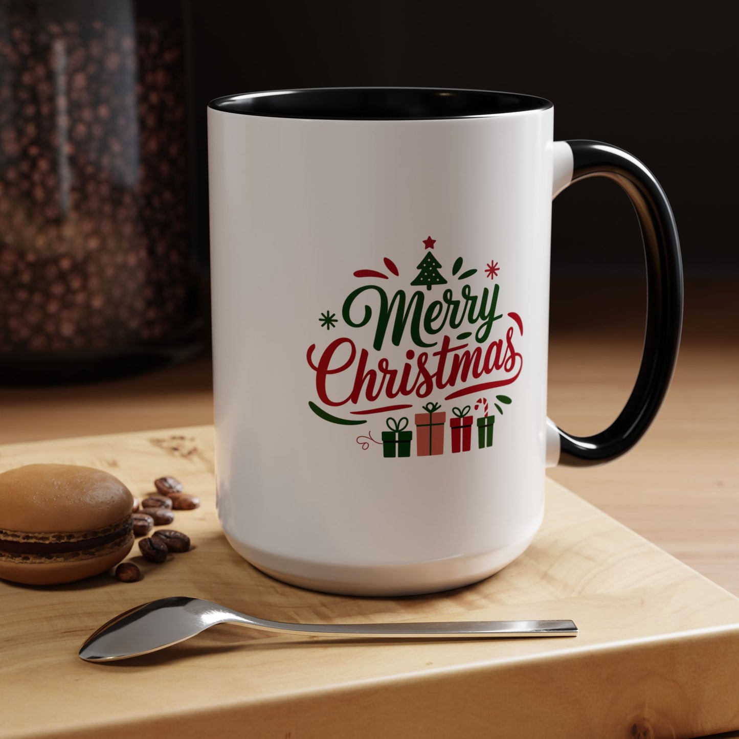 Christmas Mug - Merry Christmas Green & Red Text Tree Snowflakes Presents
