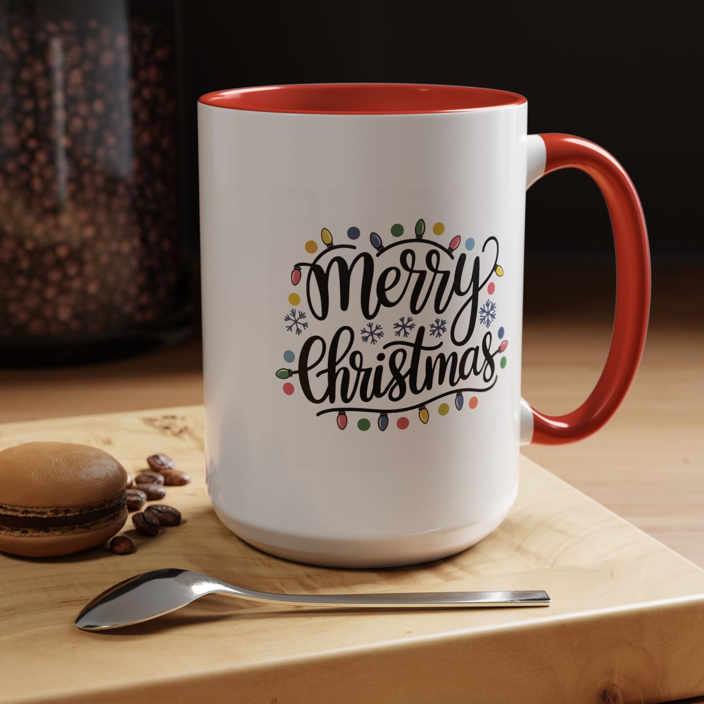 Christmas Mug - Merry Christmas Black Text Colored Lights