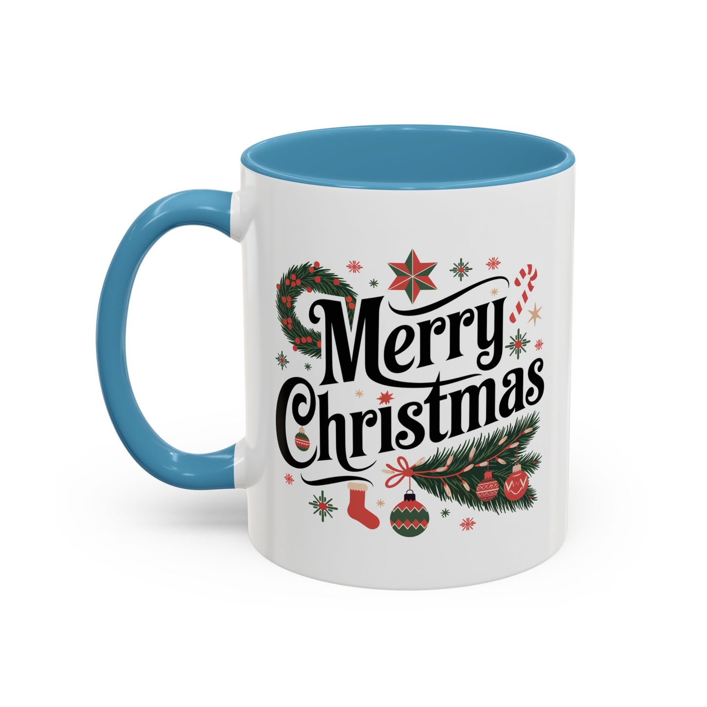 Christmas Mug - Merry Christmas Black Text Star Stocking Ornament Candy Cane