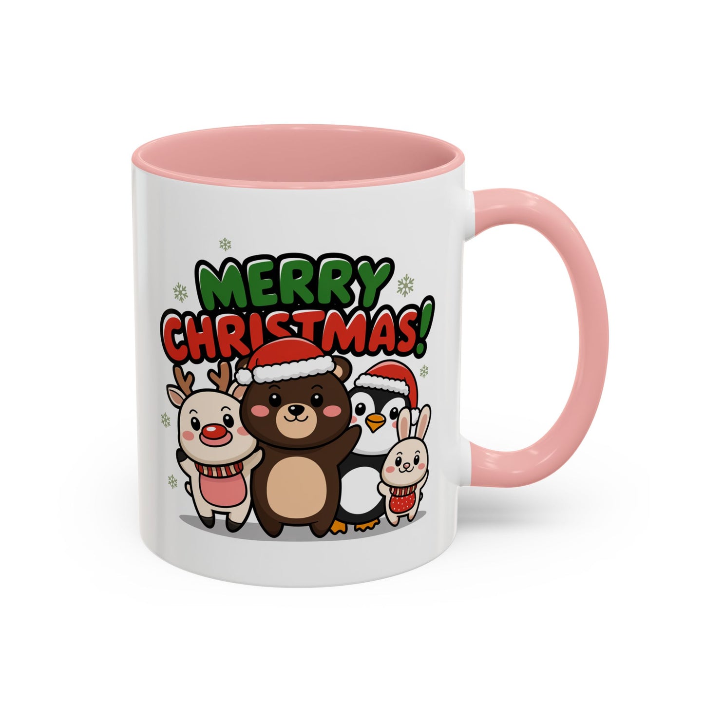 Christmas Mug - Merry Christmas Green & Red Text Cute Animals
