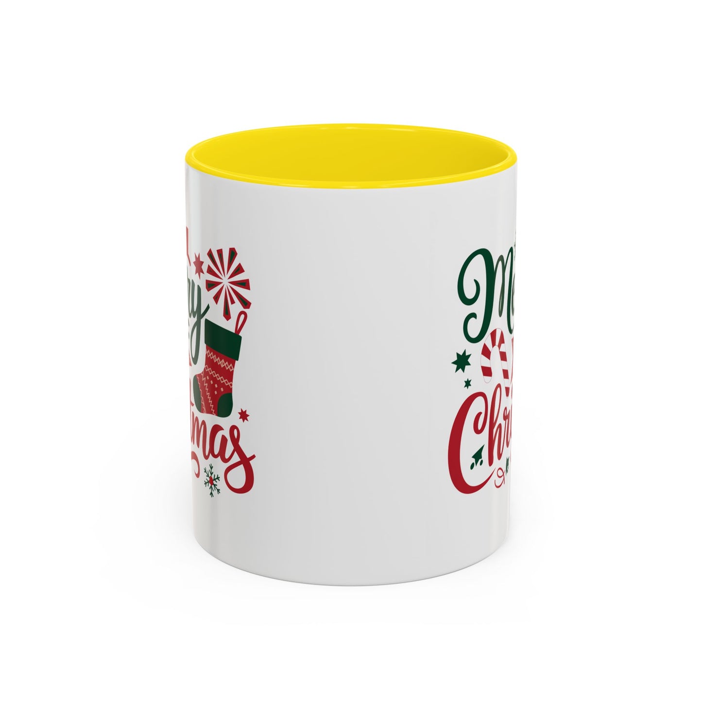 Christmas Mug - Merry Christmas Green & Red Text Star Candy Cane Stocking Snowflake