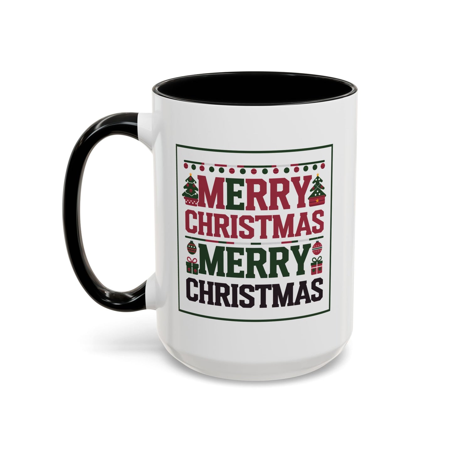 Christmas Mug - Merry Christmas Red Green & Black Text Trees Presents
