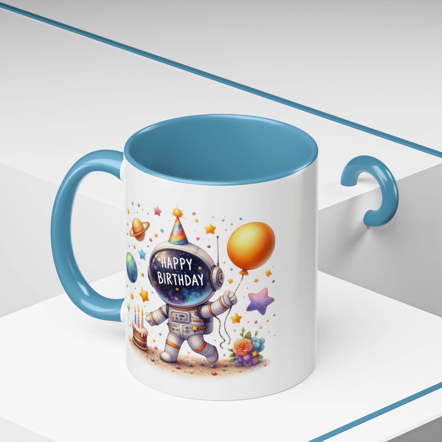 Birthday Mug - Happy Birthday Astronaut, Cake & Balloon