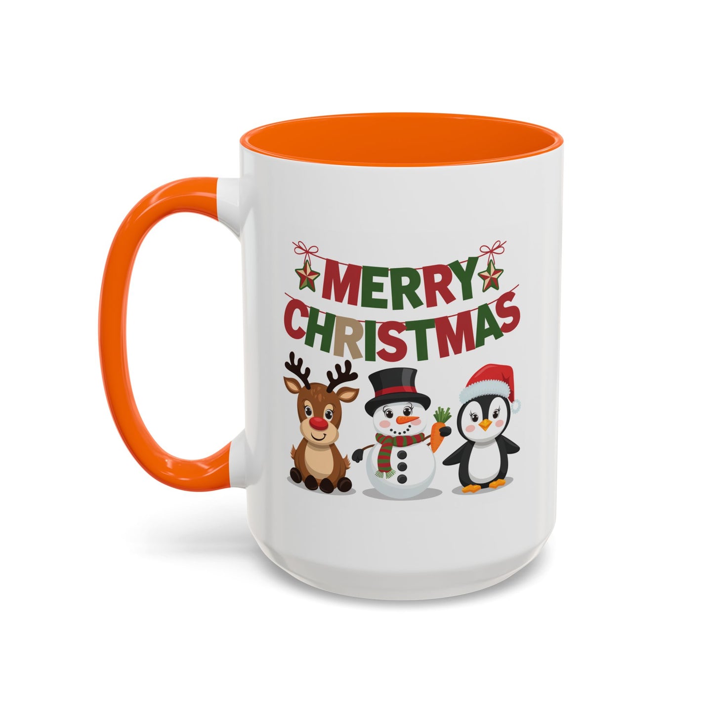 Christmas Mug - Red Green & Gold Text Reindeer Snowman Penguin