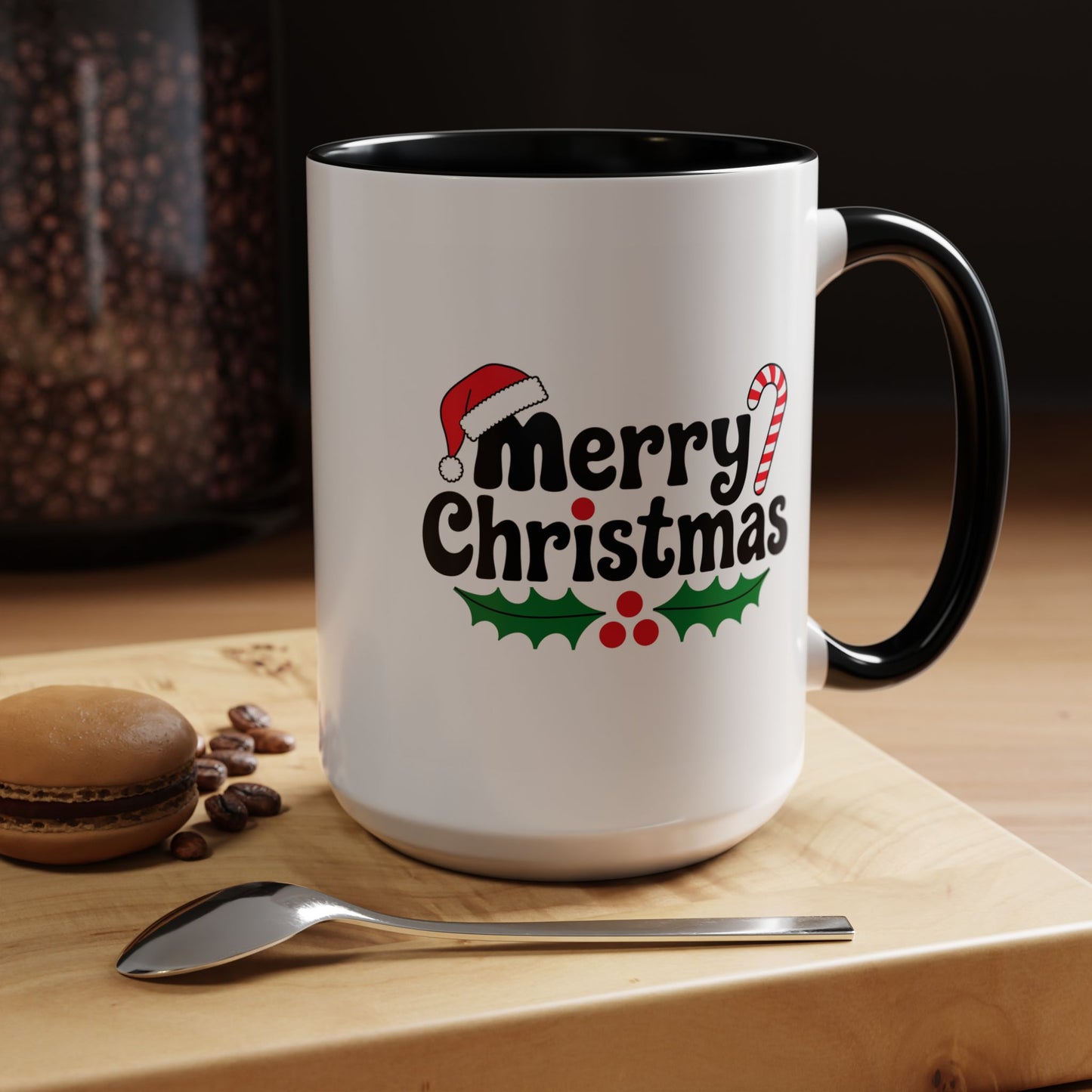 Christmas Mug - Merry Christmas Black Text Hat Candy Cane Mistletoe