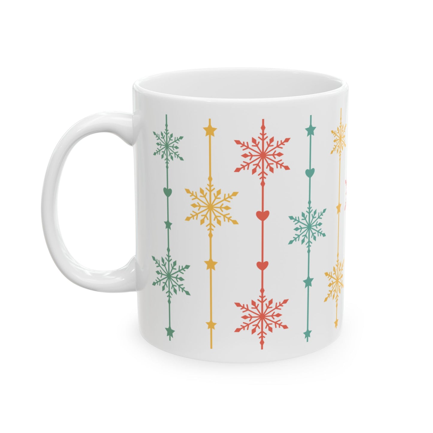 Christmas Mug - Green Yellow & Red Snowflakes Pattern