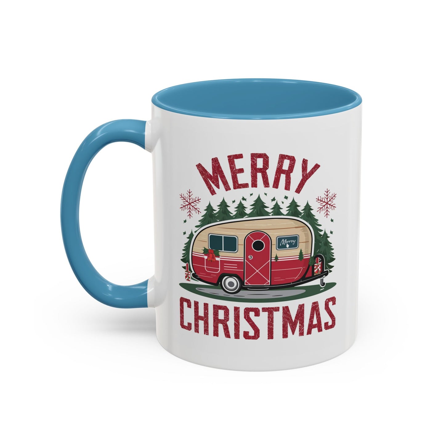 Christmas Mug - Merry Christmas Maroon Text Camper Trees Snowflakes