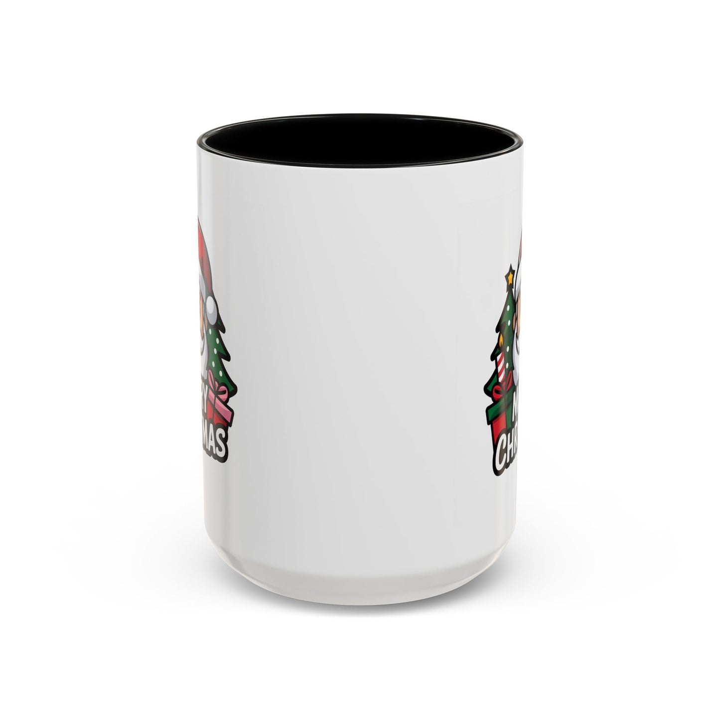 Christmas Mug - Merry Christmas White & Black Text Santa Trees Presents