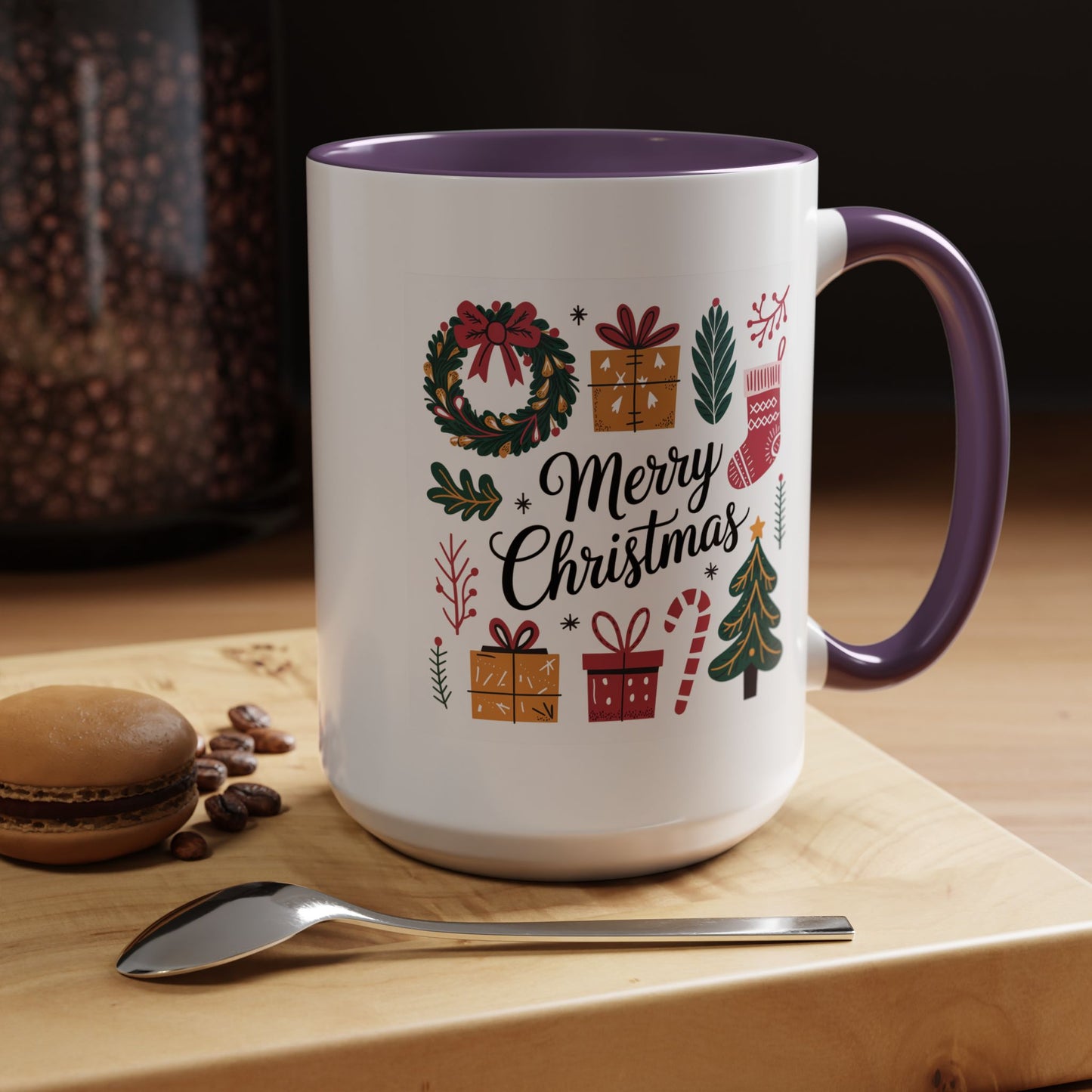 Christmas Mug - Merry Christmas Green Text Presents Tree Candy Cane