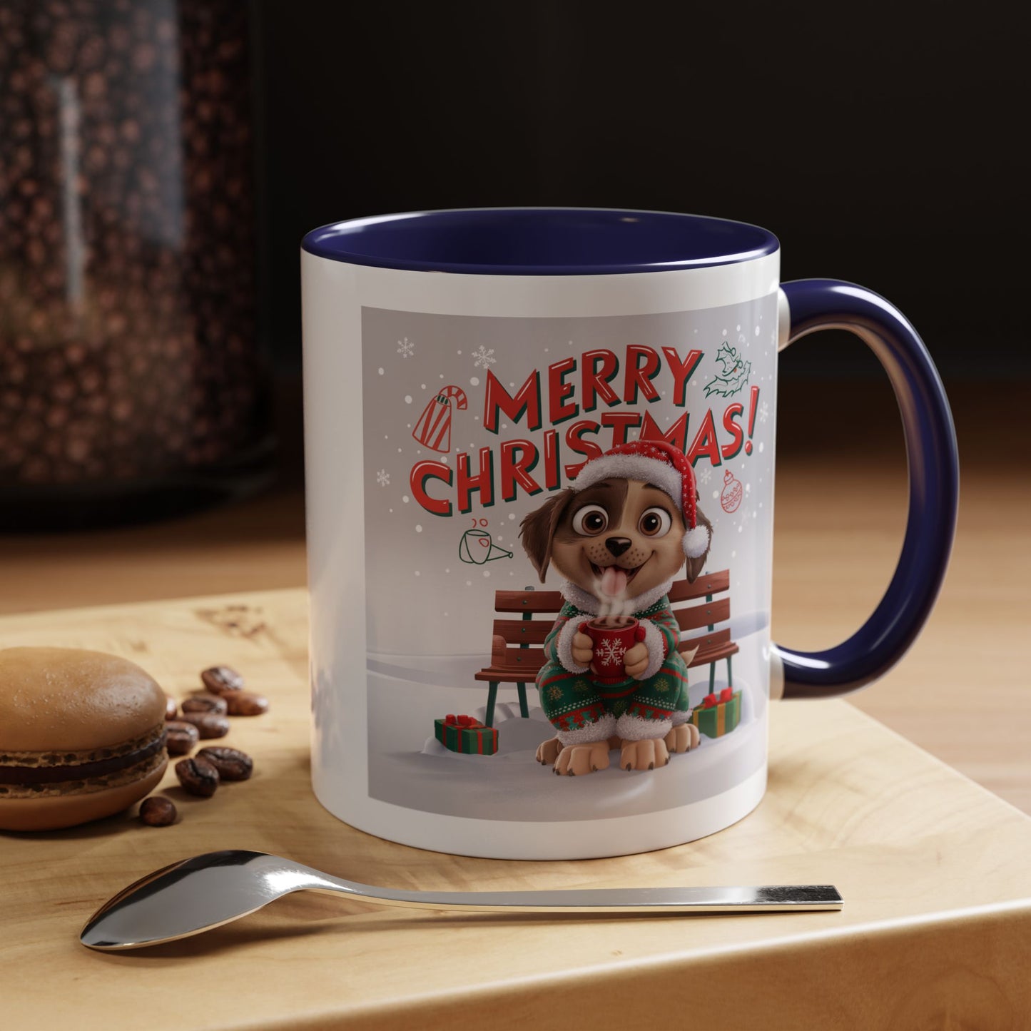 Christmas Mug - Merry Christmas Red Text Puppy Green Top