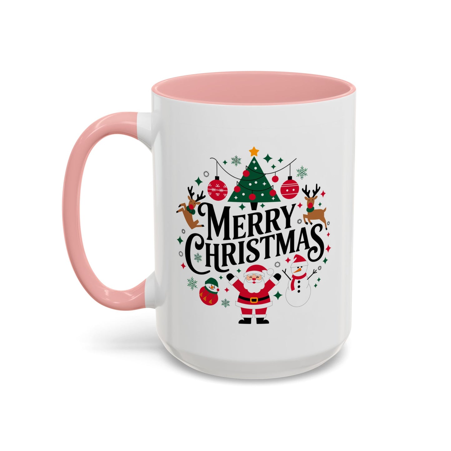 Christmas Mug - Merry Christmas Black Text Santa Reindeer Snowmen Ornaments