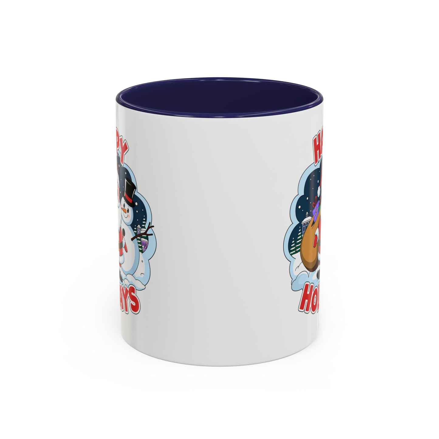 Christmas Mug - Happy Holidays Red & White Text Santa Snowman