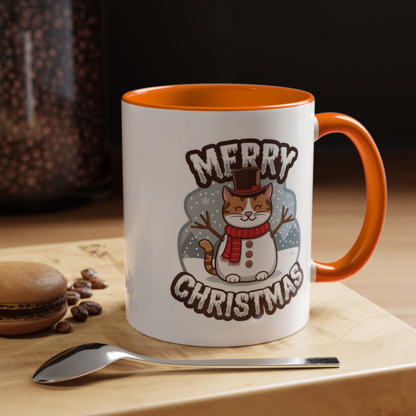 Christmas Mug - Merry Christmas Black & White Text Snowman Cat