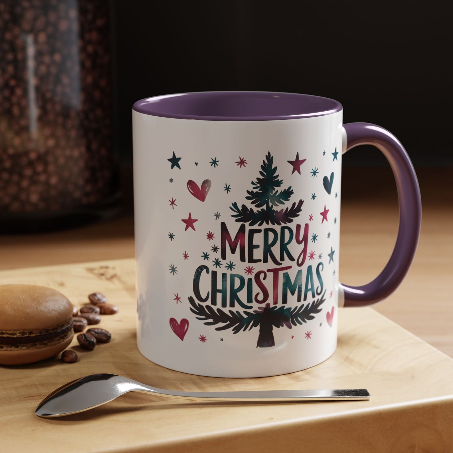 Christmas Mug - Merry Christmas Maroon & Blue Text Tree Hearts Stars