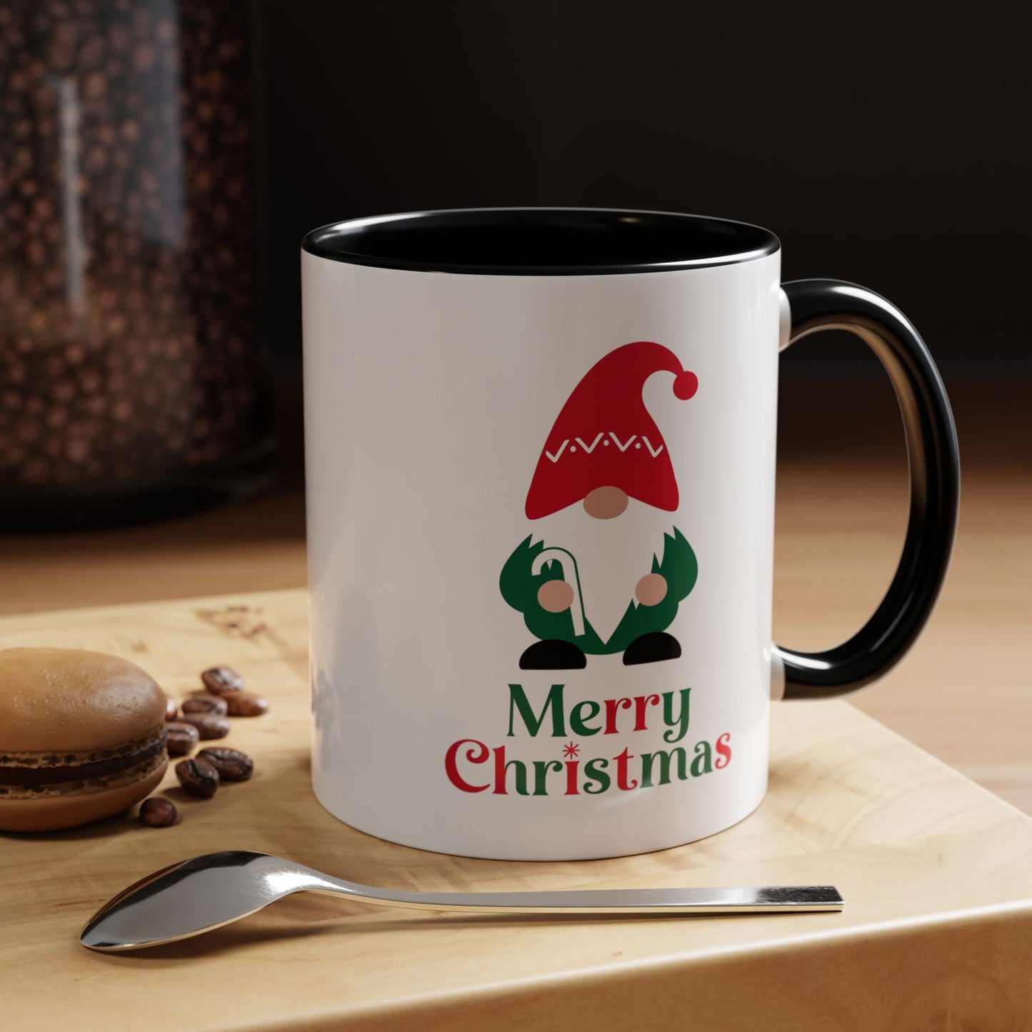 Christmas Mug - Merry Christmas Green & Red Text Gnome Candy Cane