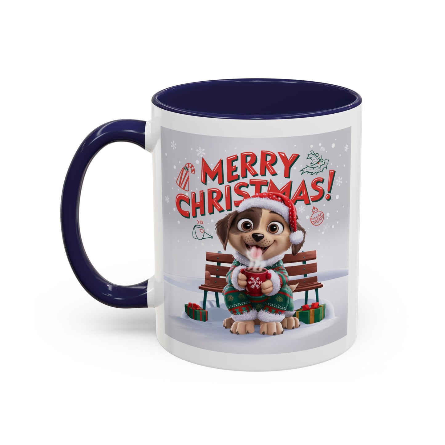 Christmas Mug - Merry Christmas Red Text Puppy Green Top
