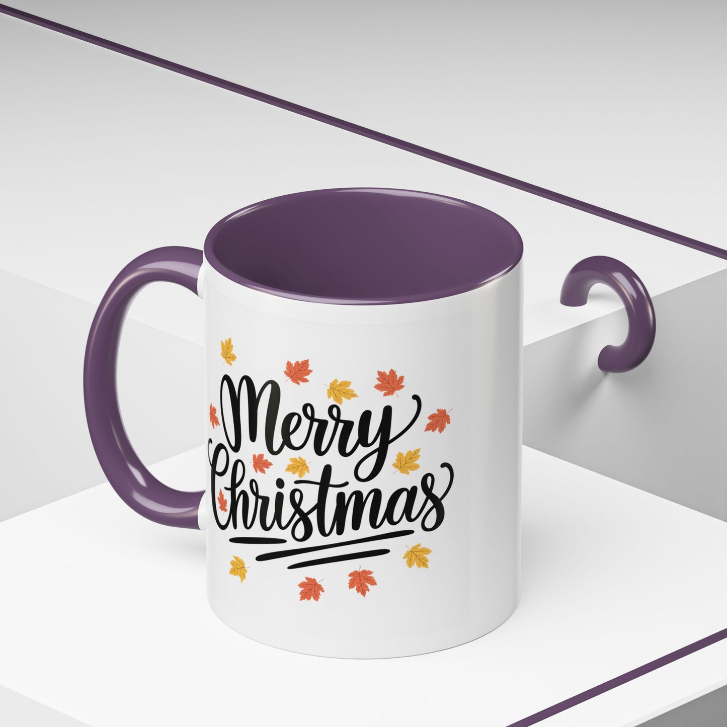 Christmas Mug - Merry Christmas Black Text Fall Leaves