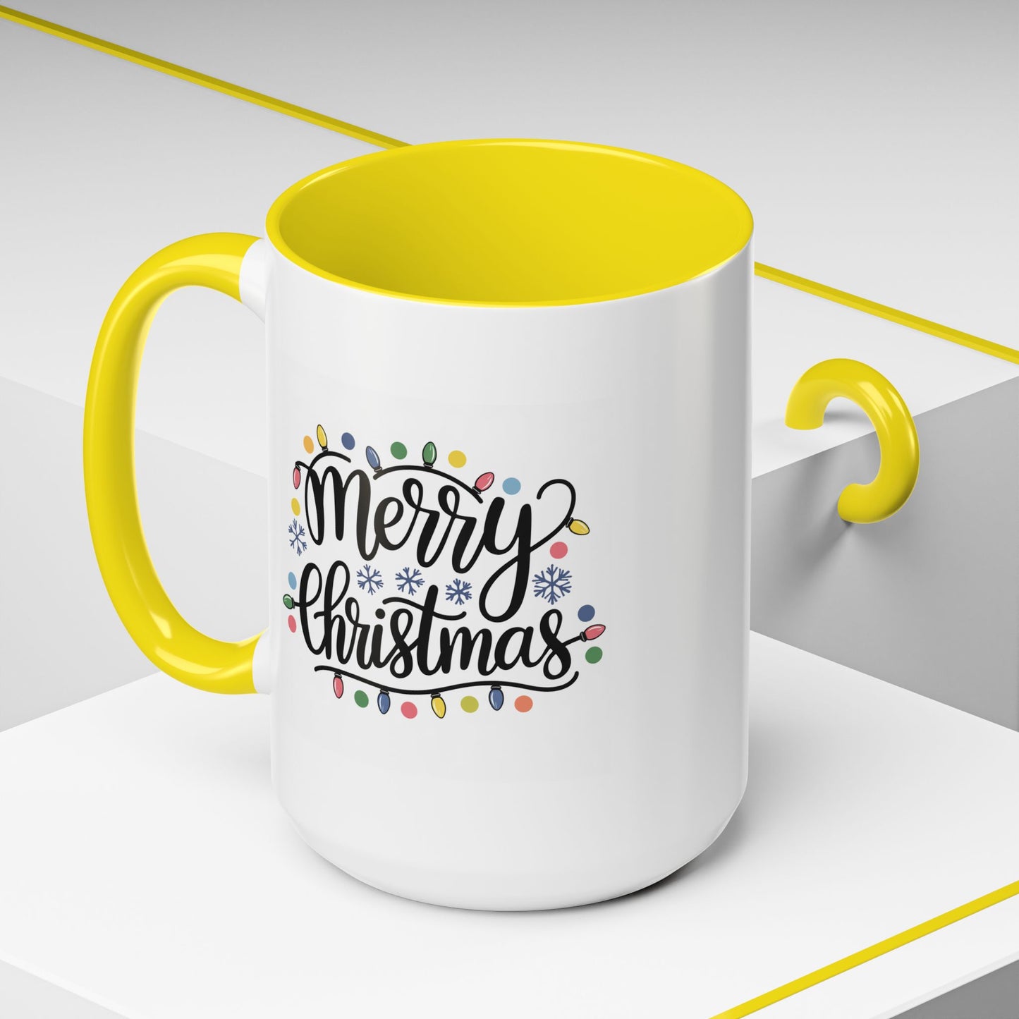 Christmas Mug - Merry Christmas Black Text Colored Lights