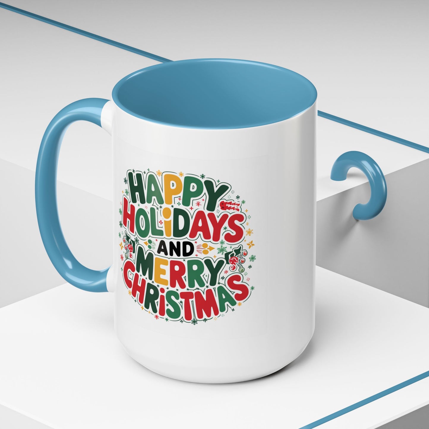 Christmas Mug - Happy Holidays and Merry Christmas Blue Green Yellow Red Text