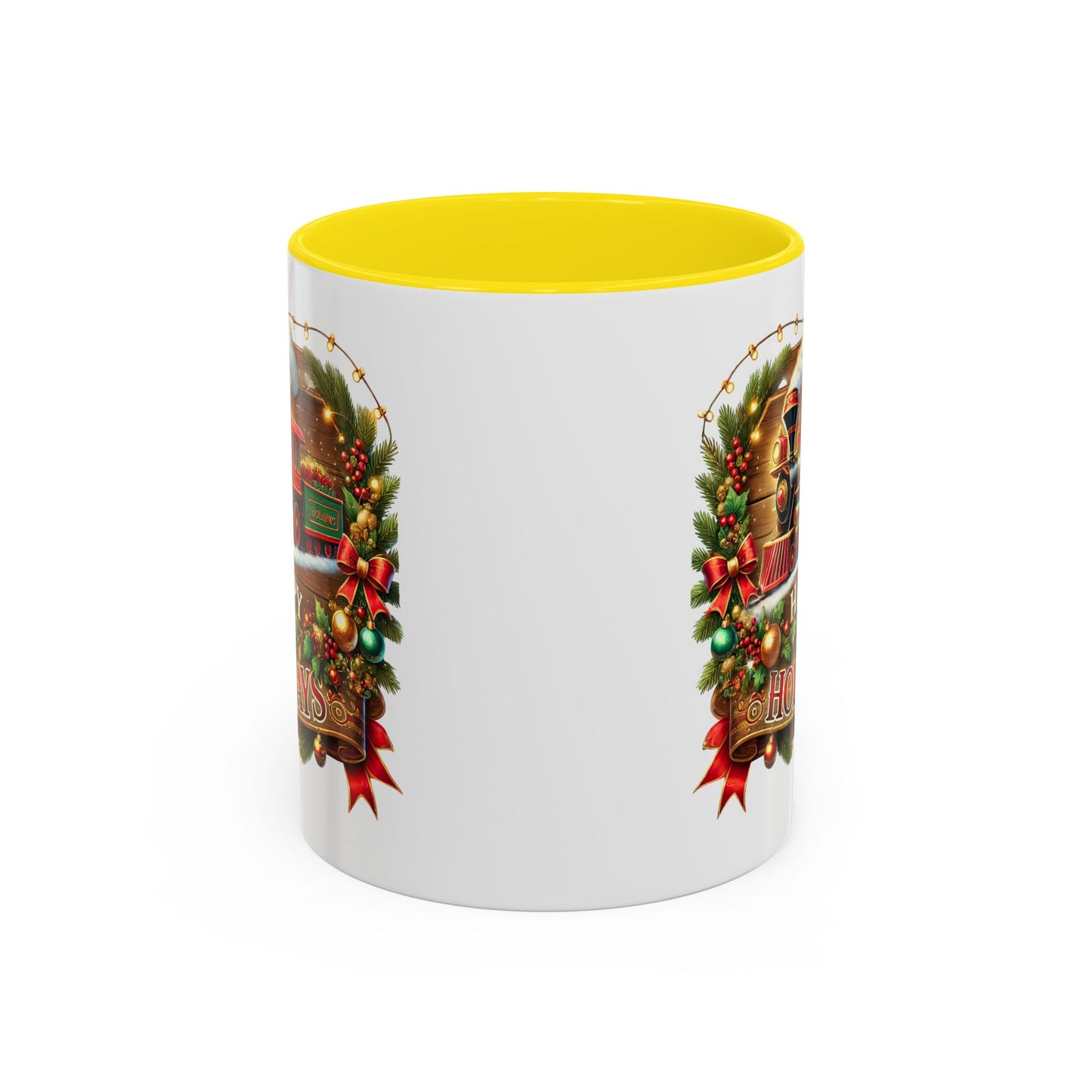 Christmas Mug - Happy Holidays White & Red Text Steam Locomotive
