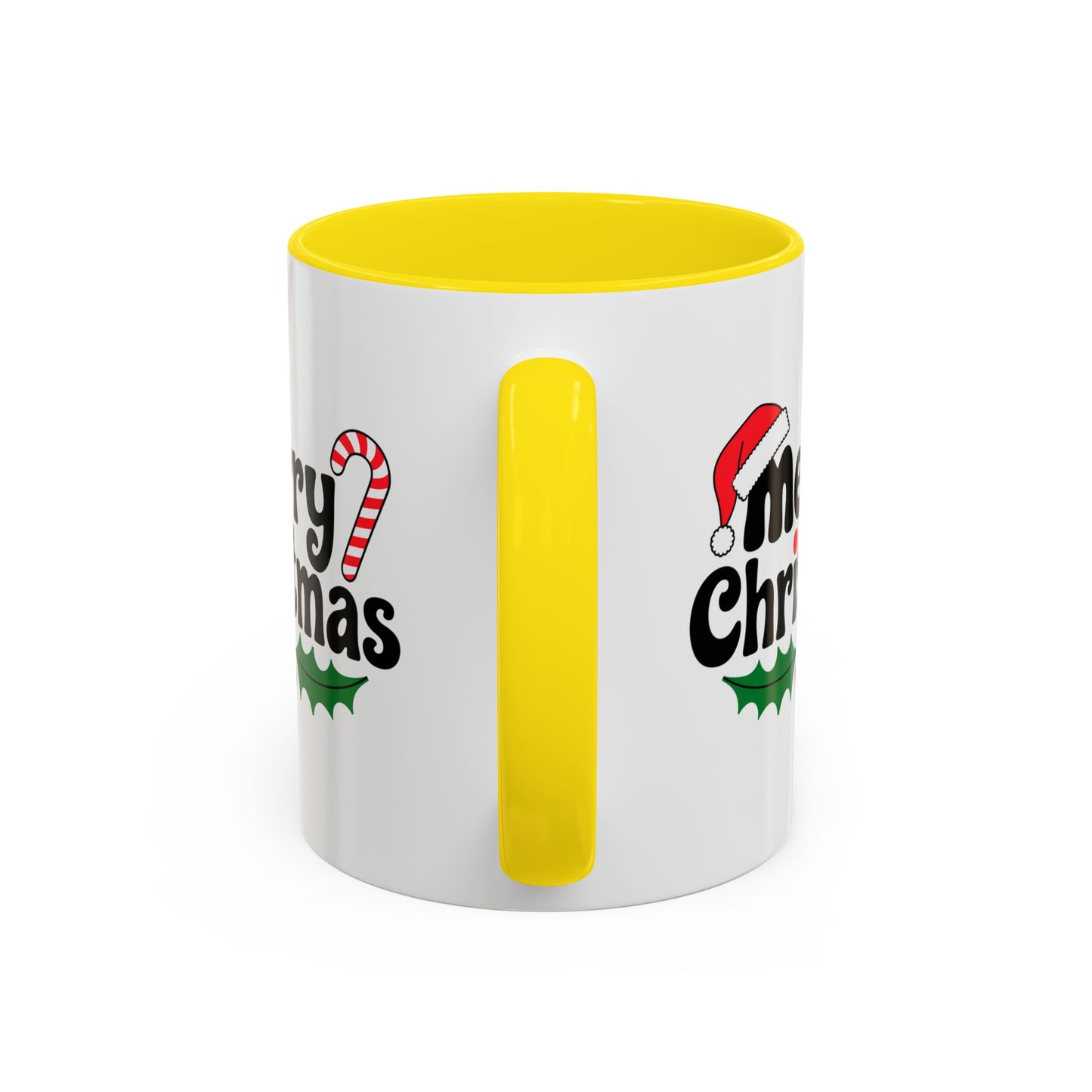 Christmas Mug - Merry Christmas Black Text Hat Candy Cane Mistletoe