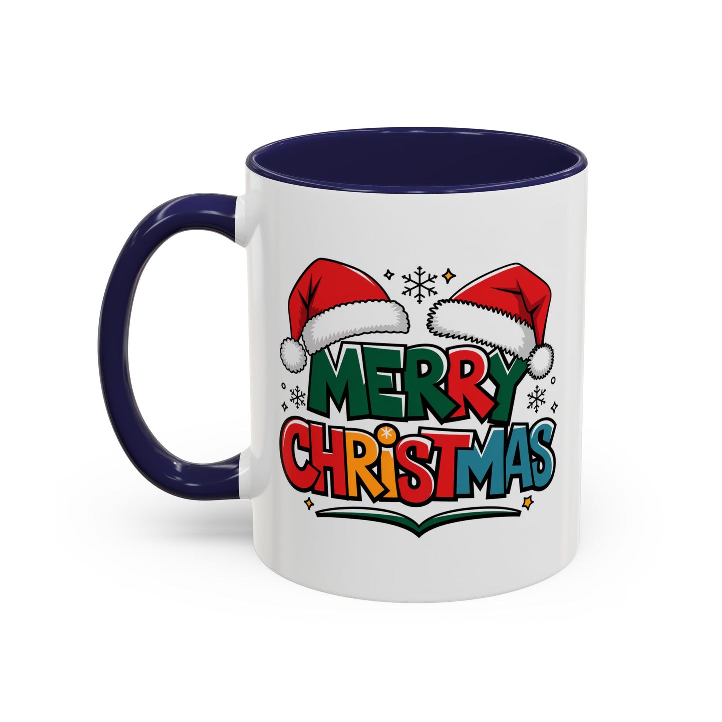 Christmas Mug - Merry Christmas Green Red Yellow and Blue Text Red Hats