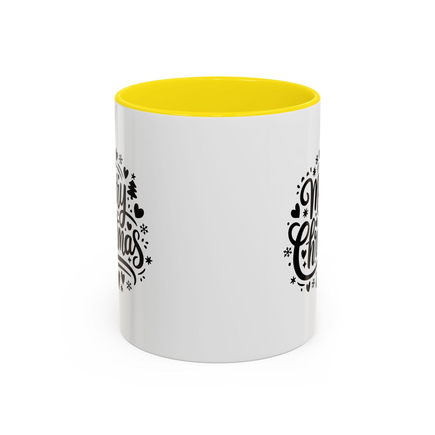 Christmas Mug - Merry Christmas Black Text Trees Snowflakes Hearts