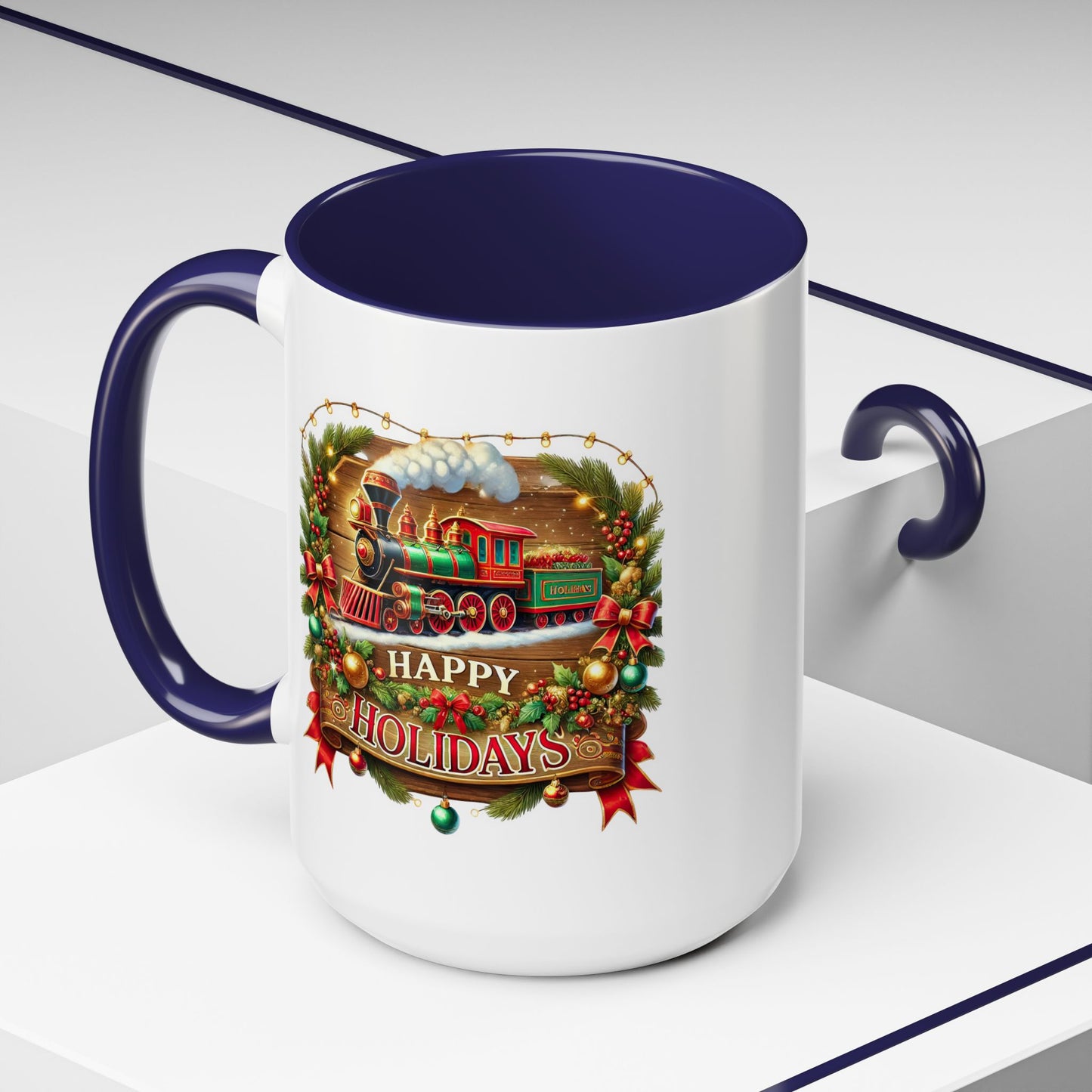 Christmas Mug - Happy Holidays White & Red Text Steam Locomotive