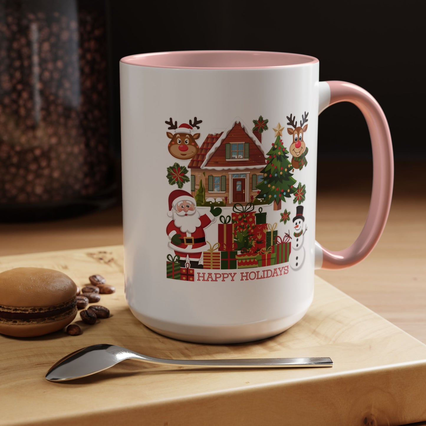 Christmas Mug - Happy Holidays Red Text Reindeer Santa Snowman Presents