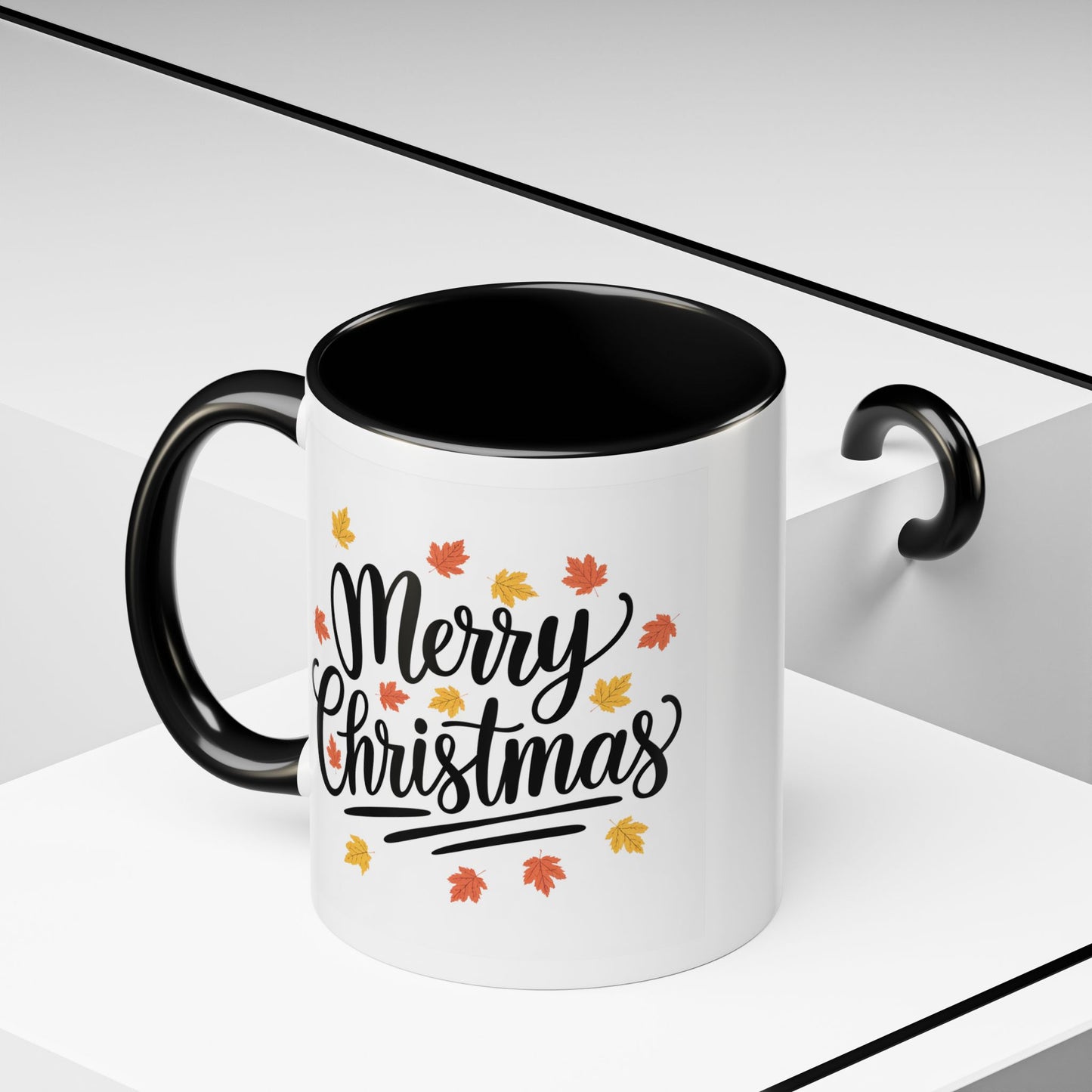 Christmas Mug - Merry Christmas Black Text Fall Leaves