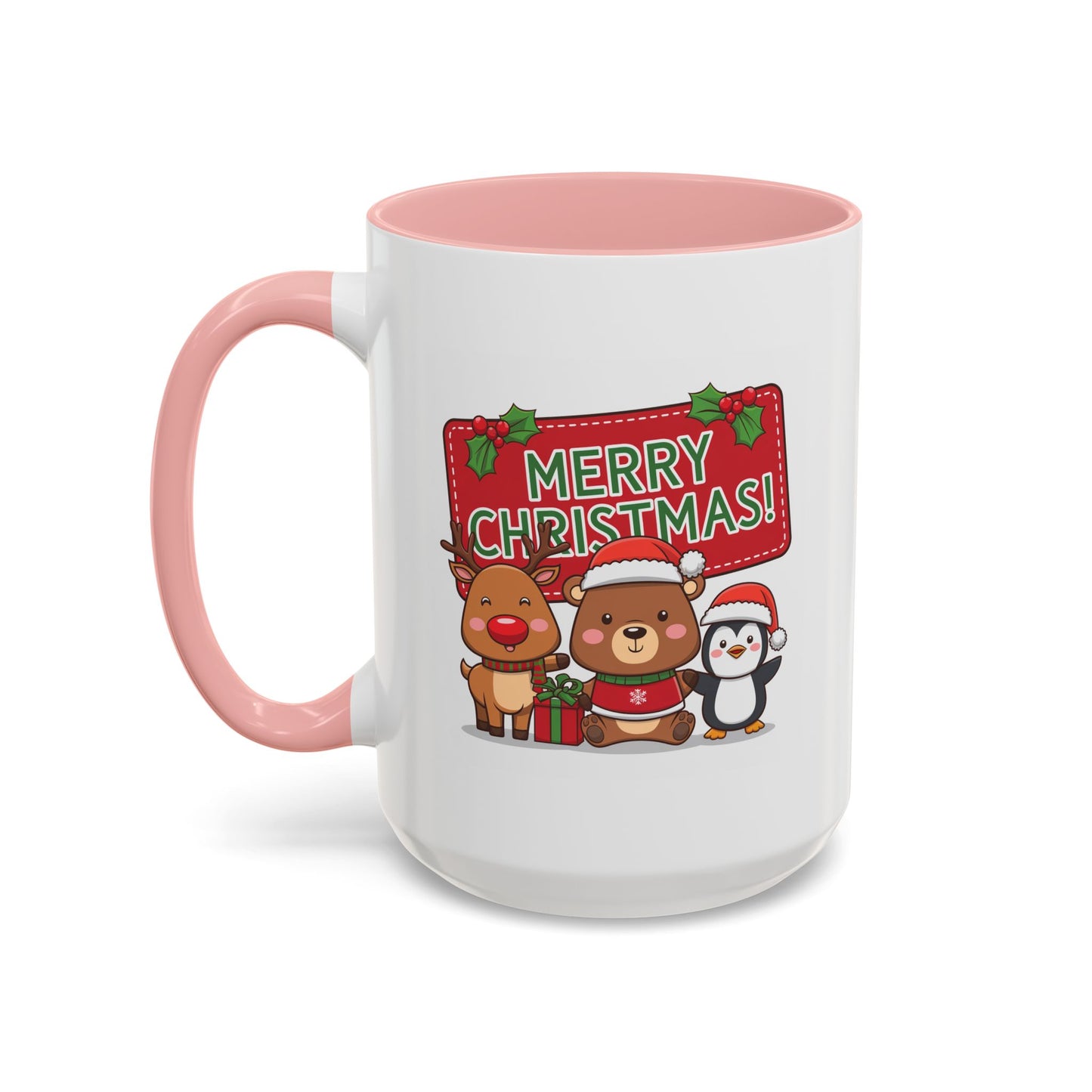 Christmas Mug - Green Text Red Banner Reindeer Bear Penguin