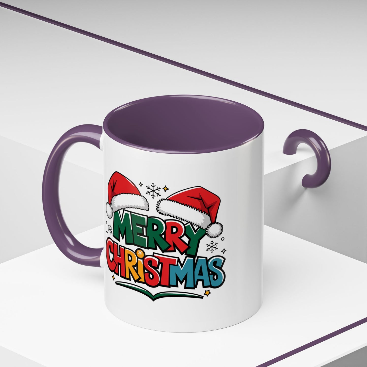 Christmas Mug - Merry Christmas Green Red Yellow and Blue Text Red Hats